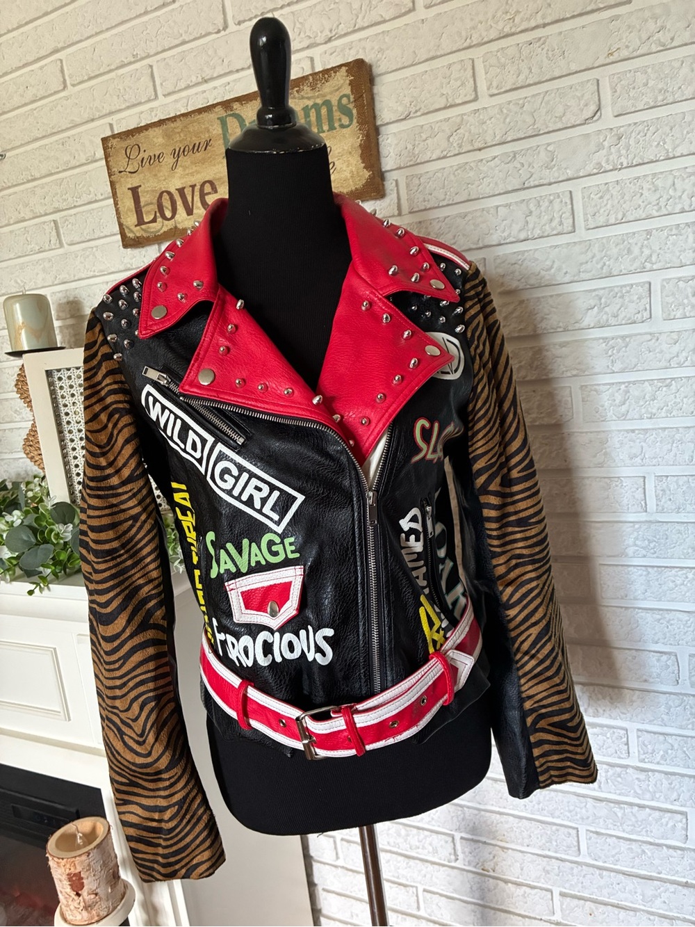 Red & Black Punk Patch Leather Jacket with Zebra Sleeves
